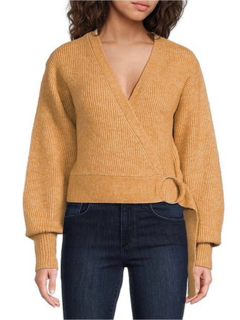 1.STATE Knit V-Neck Long Sleeve Surplice Wrap Belt Sweater in Camel